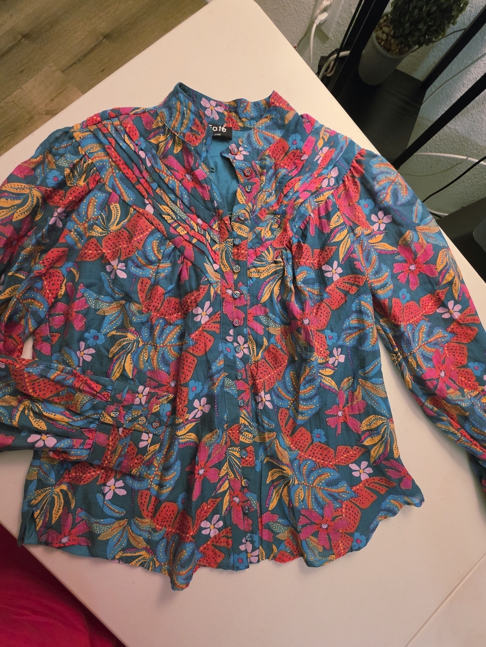 Fate Teal Floral Button-Down Blouse with Pink & Orange Accents - Picture 3 of 10